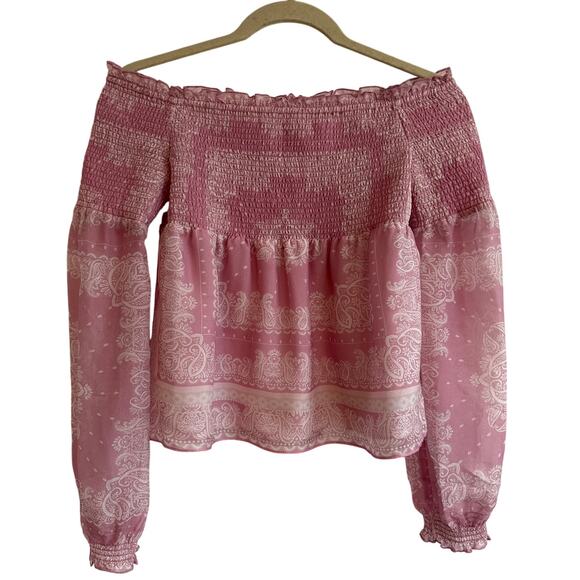 INTERMIX Silk Penelope Paisley Off-The-Shoulder smocked long sleeve Top small - Picture 3 of 13